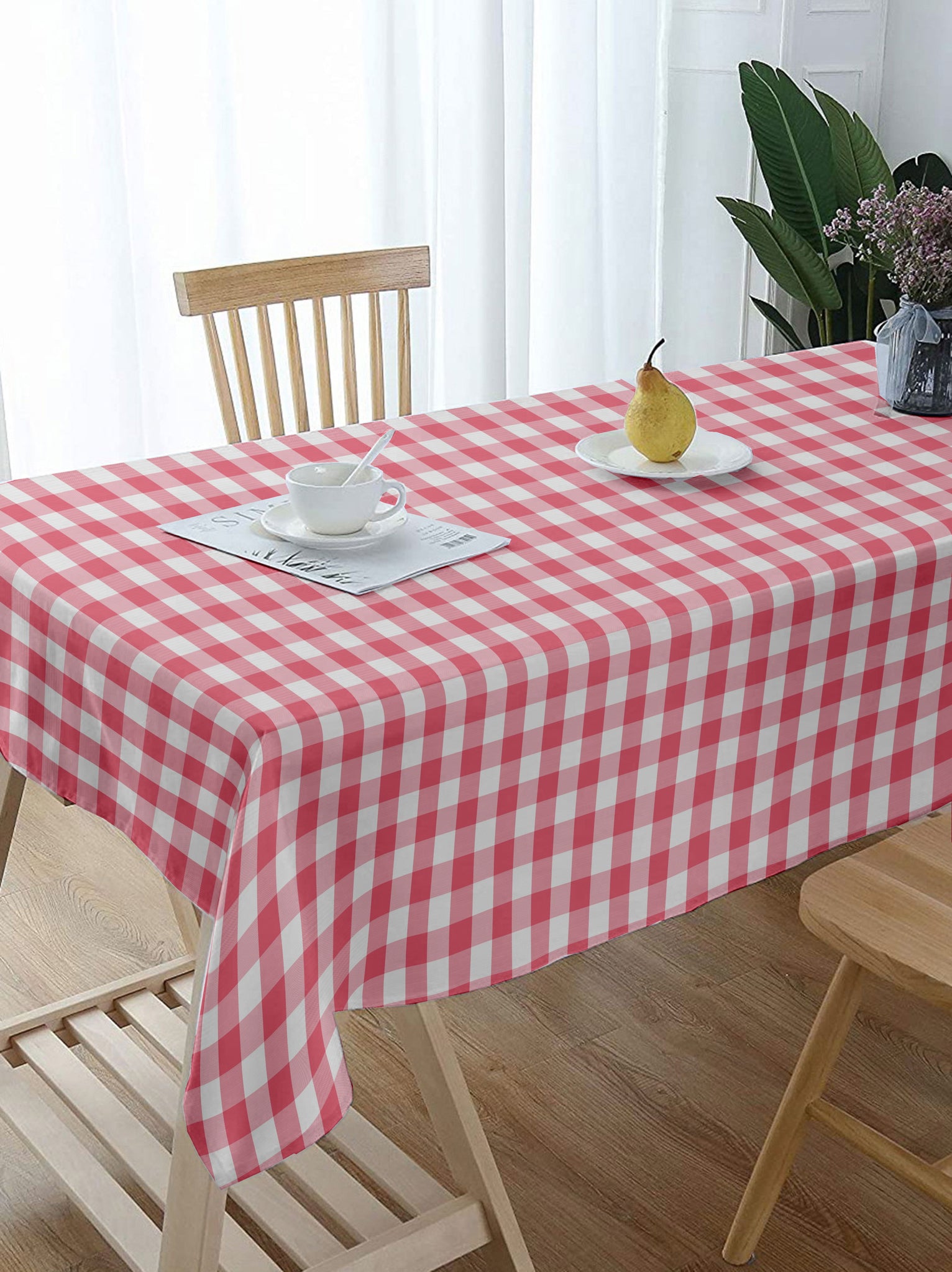 Lushomes Buffalo Checks Baby Pink Plaid Dining Table Cover Cloth (Size 60 x 84 inches, 6 Seater Table Cloth)