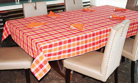 Lushomes Yarn Dyed Orange and Red Checks 6 seater Table cloth & 6 pcs Napkin Set - Lushomes
