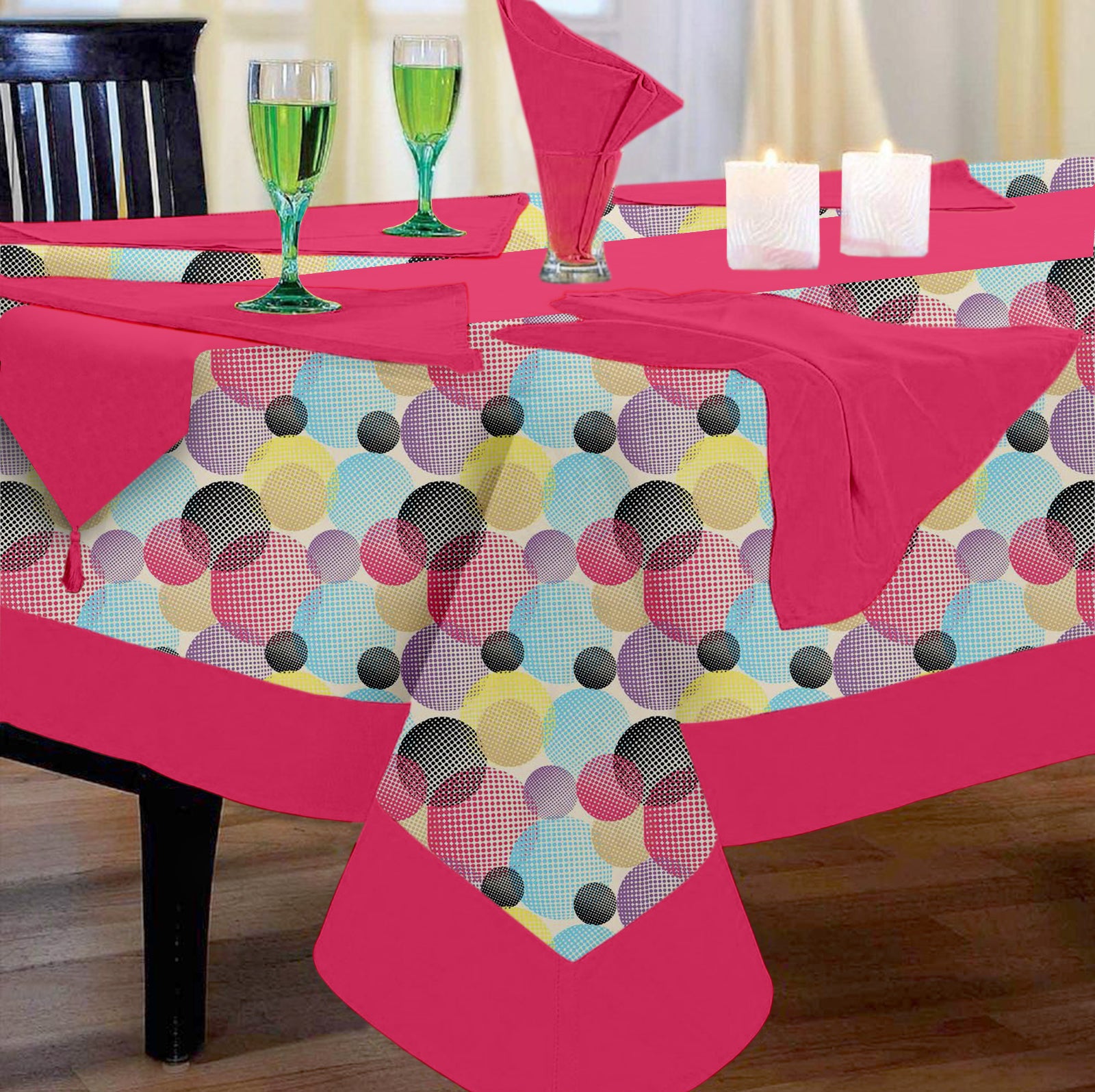Lushomes dining table cover 6 seater set, Circles Printed 6 Seater Table Linen Set, Home Decor Items (1 Table Cloth 60 x 90 inches + 1 Runner in Size 12x102 Inches+ 6 Napkins in Size 17x17 Inches)