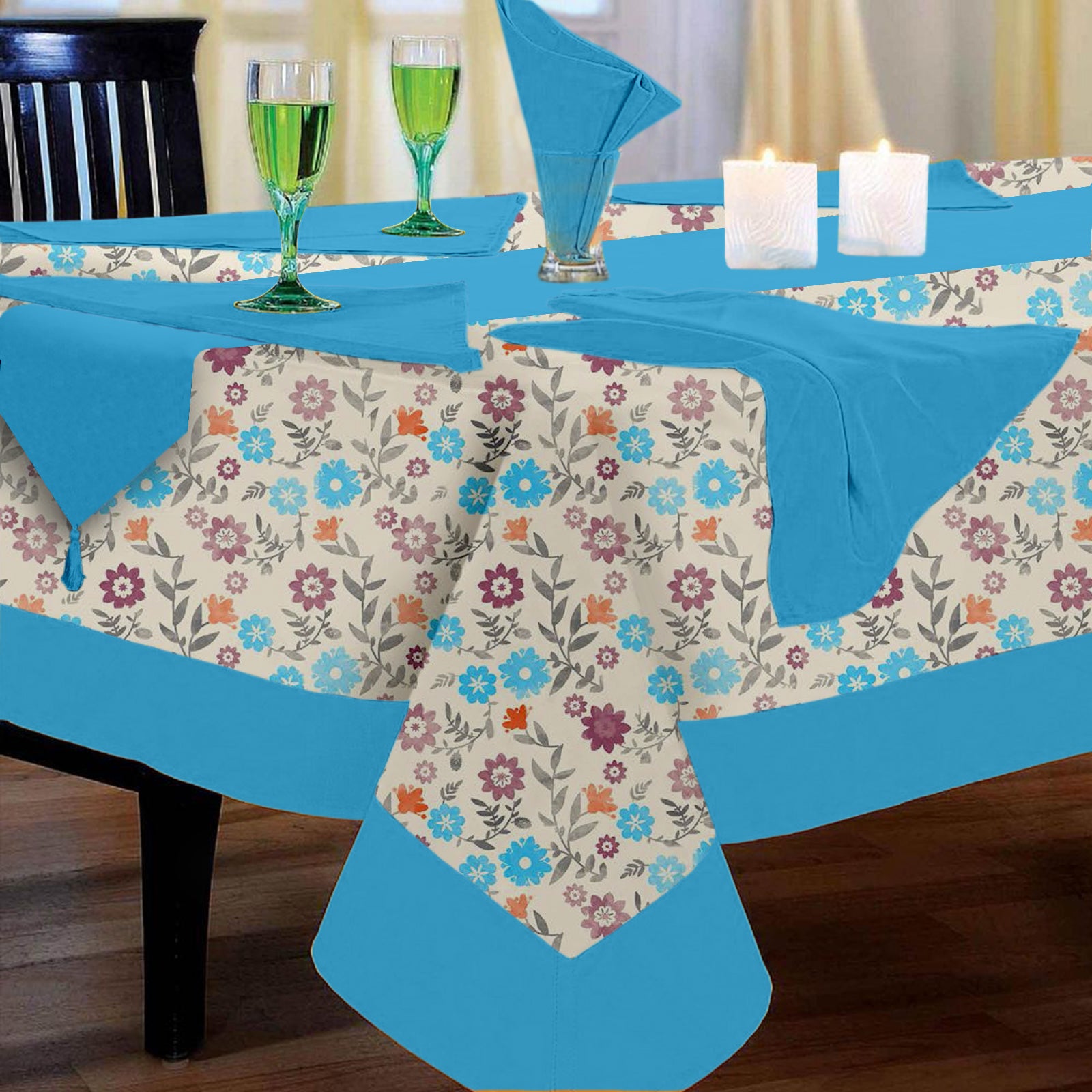 Lushomes dining table cover 6 seater set, Flower Printed 6 Seater Table Linen Set, Home Decor Items (1 Table Cloth 60 x 90 inches + 1 Runner in Size 12x102 Inches+ 6 Napkins in Size 17x17 Inches)
