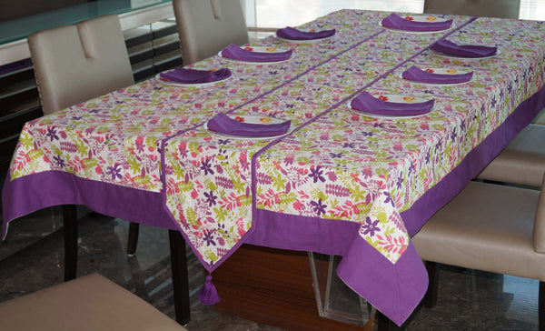 Lushomes dining table cover 8 seater set, Purple Rain Printed 8 Seater Table Linen Set (1 Table Cloth 60 x 108 inches, 1 Runner in Size 12x120 Inches + 8 Napkins in Size 17x17 Inches)