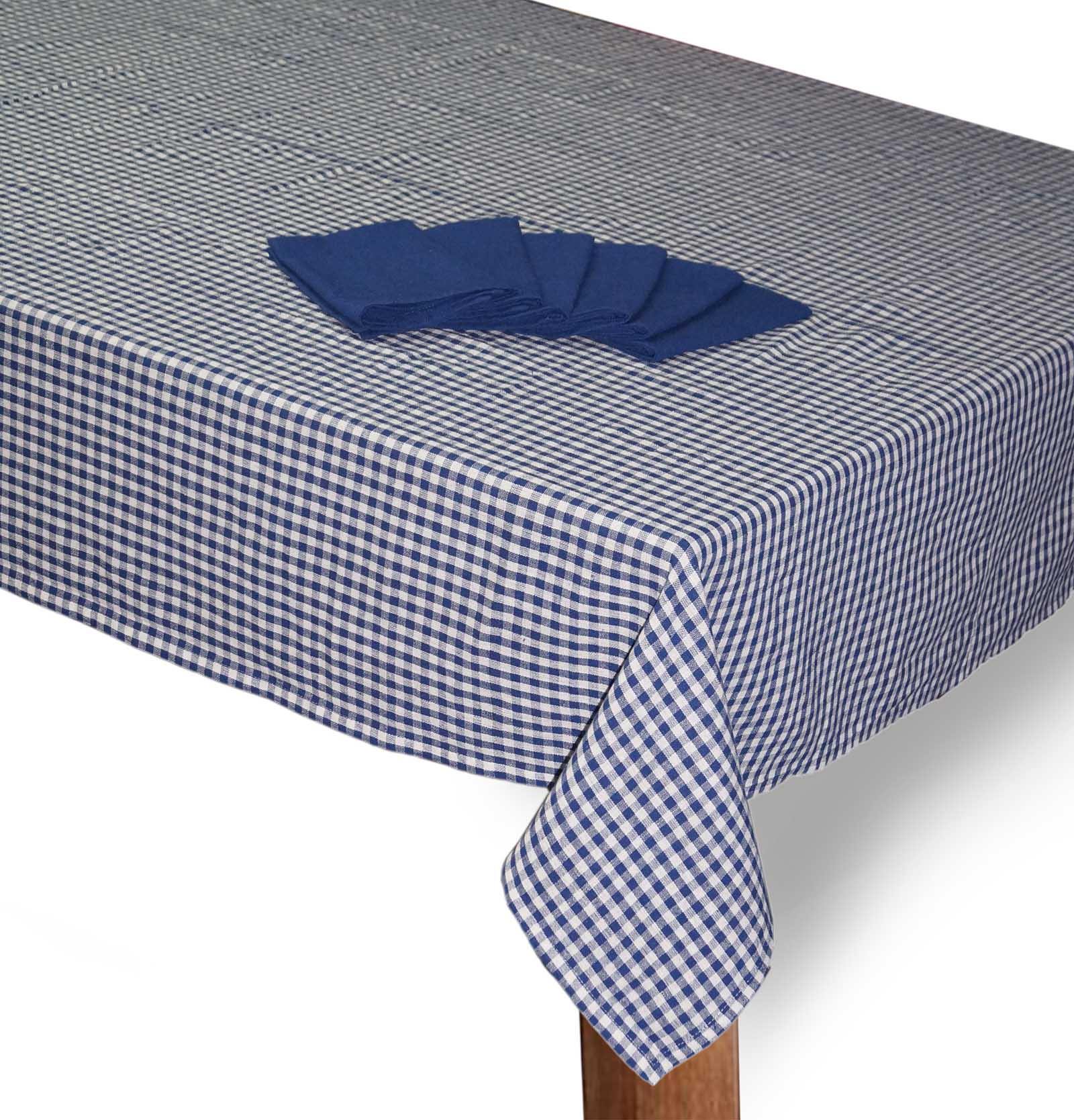 Lushomes Indigo blue Cotton Checks Dining Table Covers with Table Napkins (6 Seater, 60‰۝ x 90‰۝) - Lushomes