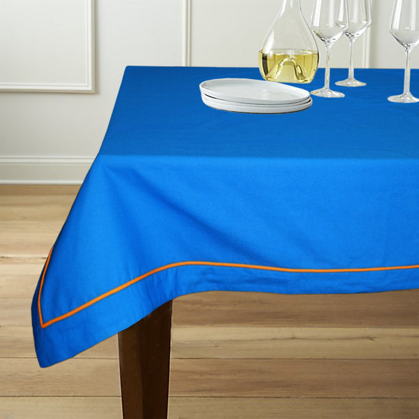 Lushomes 6 Seater Blue Dining Table Cover Cloth Linen with Orange Cord Piping (Pack of 1, 60 x 90 inches)