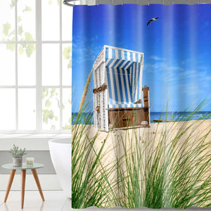 Lushomes shower curtain, Beach Chair Printed, Polyester waterproof 6x6.5 ft with hooks, non-PVC, Non-Plastic, For Washroom, Balcony for Rain, 12 eyelet & 12 Hooks (6 ft W x 6.5 Ft H, Pk of 1)
