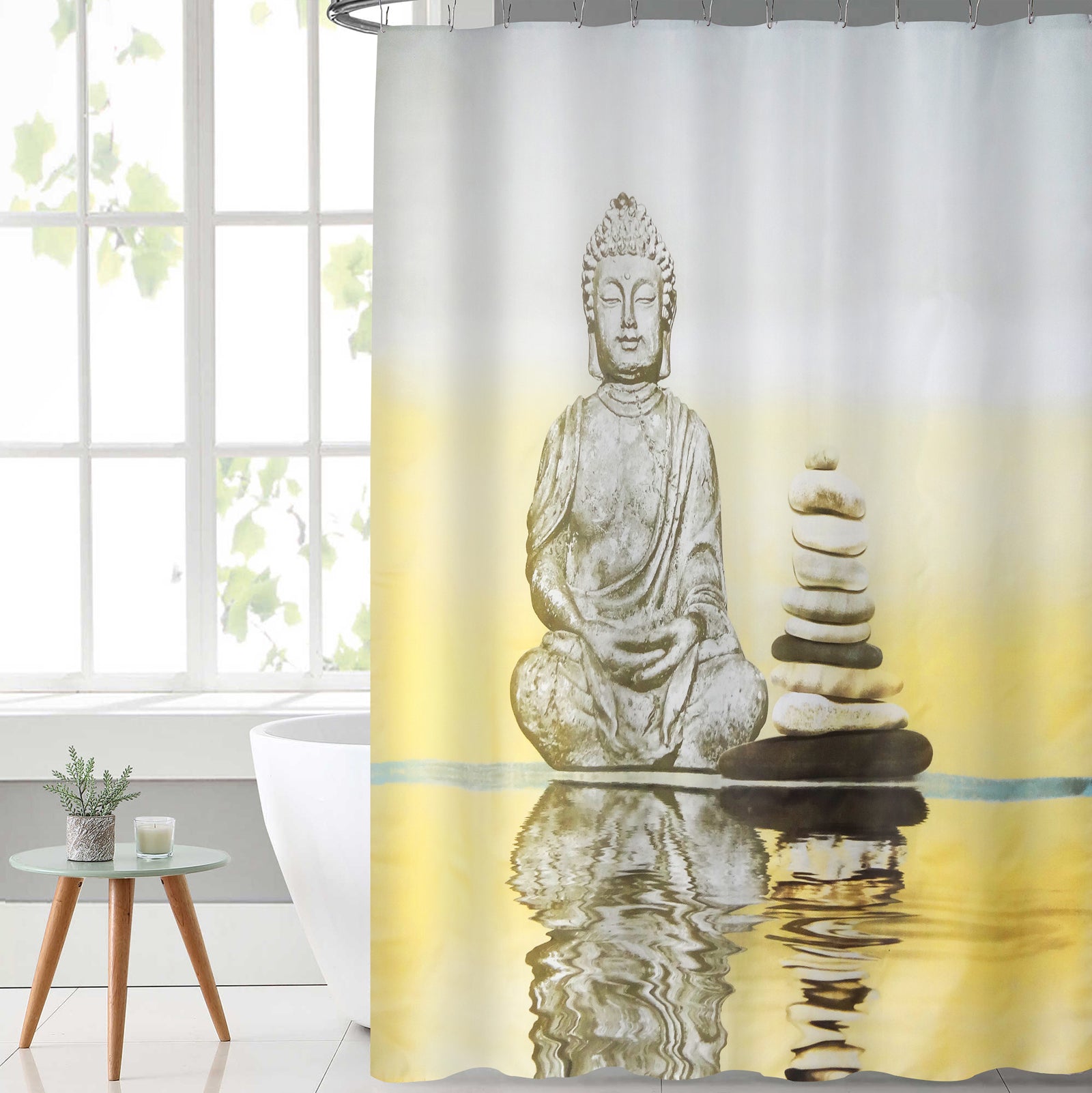 Lushomes shower curtain, Buddha Printed, Polyester waterproof 6x6.5 ft with hooks, non-PVC, Non-Plastic, For Washroom, Balcony for Rain, 12 eyelet & 12 Hooks (6 ft W x 6.5 Ft H, Pk of 1)