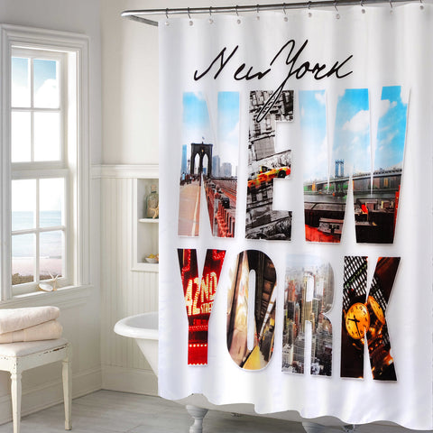 Lushomes shower curtain, New York Printed, Polyester waterproof 6x6.5 ft with hooks, non-PVC, Non-Plastic, For Washroom, Balcony for Rain, 12 eyelet & 12 Hooks (6 ft W x 6.5 Ft H, Pk of 1)