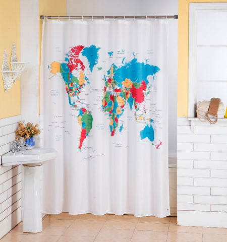Lushomes shower curtain, Map Printed Printed, Polyester waterproof 6x6.5 ft with hooks, non-PVC, Non-Plastic, For Washroom, Balcony for Rain, 12 eyelet & 12 Hooks (6 ft W x 6.5 Ft H, Pk of 1)