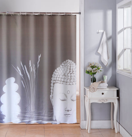 Lushomes shower curtain, Grey Buddha Printed Printed, Polyester waterproof 6x6.5 ft with hooks, non-PVC, Non-Plastic, For Washroom, Balcony for Rain, 12 eyelet & 12 Hooks (6 ft W x 6.5 Ft H, Pk of 1)