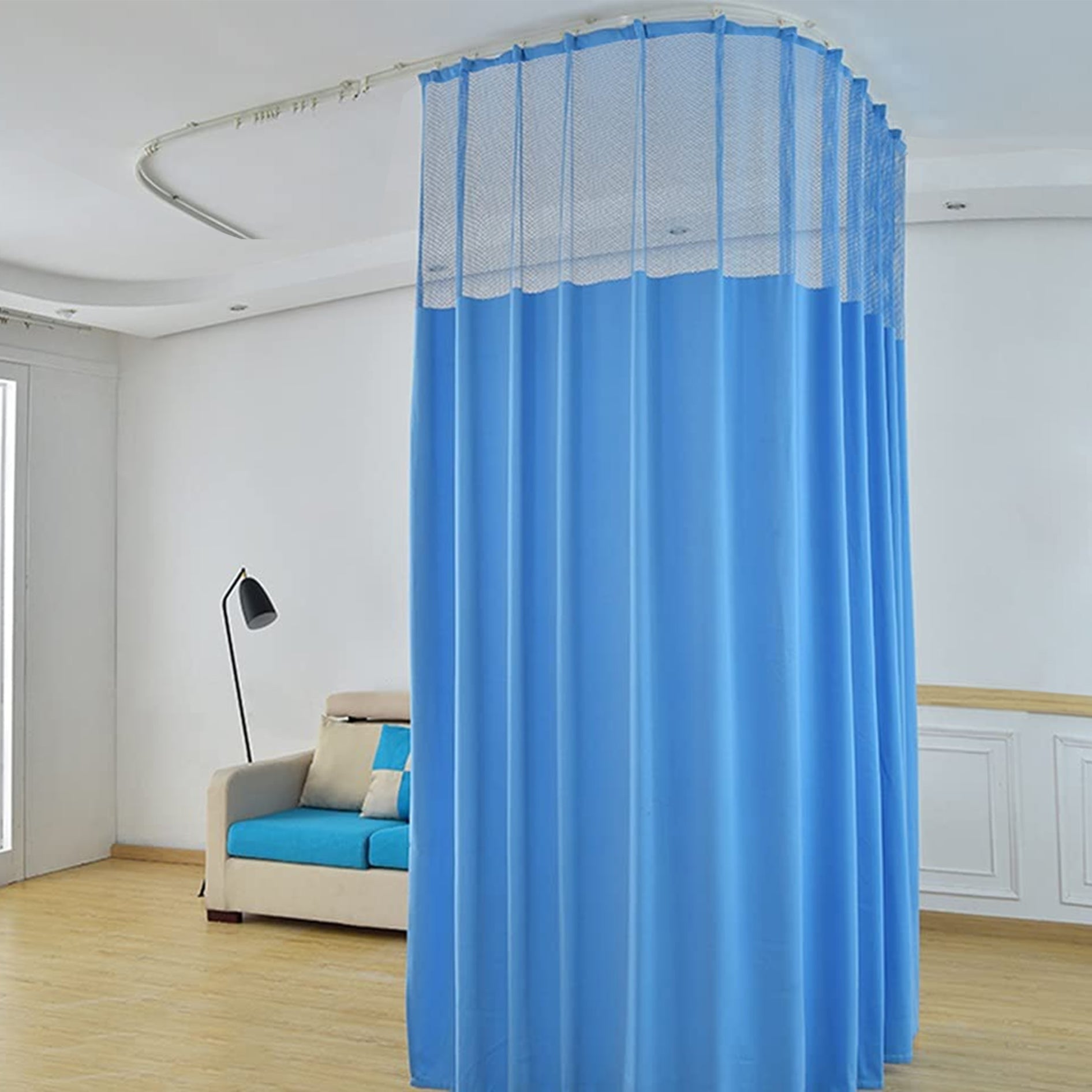 Hospital Partition Curtains, Clinic Curtains Size 4 FT W x 7 ft H, Channel Curtains with Net Fabric, 100% polyester 8 Rustfree Metal Eyelets 8 Plastic Hook, Medical Blue, (4x7 FT, Pk of 1)