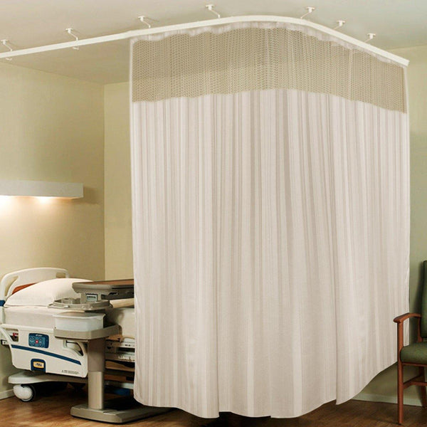 Lushomes Full Sized Cream Stripres ICU Bed Partion Hospital Curtain with 24 Eyelets and 24 C-Hooks and Net(12Ft x 7Ft, 3 Panels Attached) - Lushomes