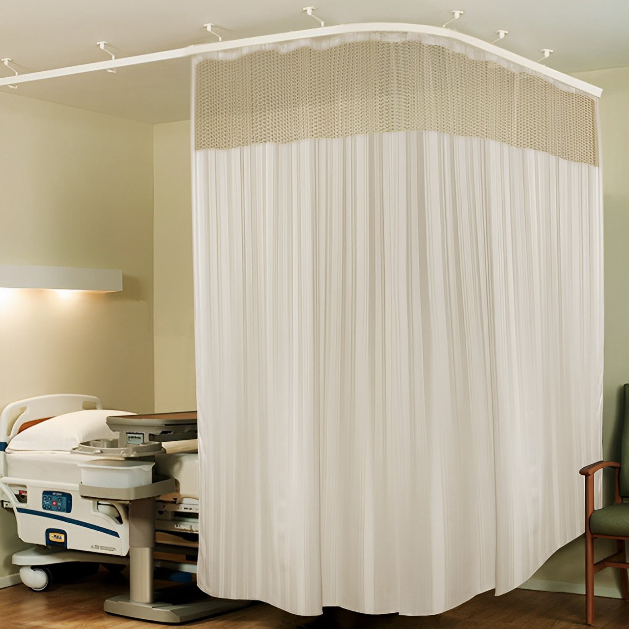 Hospital Partition Curtains, Clinic Curtains Size 10 FT W x 7 ft H, Channel Curtains with Net Fabric, 100% polyester 20 Rustfree Metal Eyelets 20 Plastic Hook, Cream, Stripes Design (10x7 FT, Pk of 1)