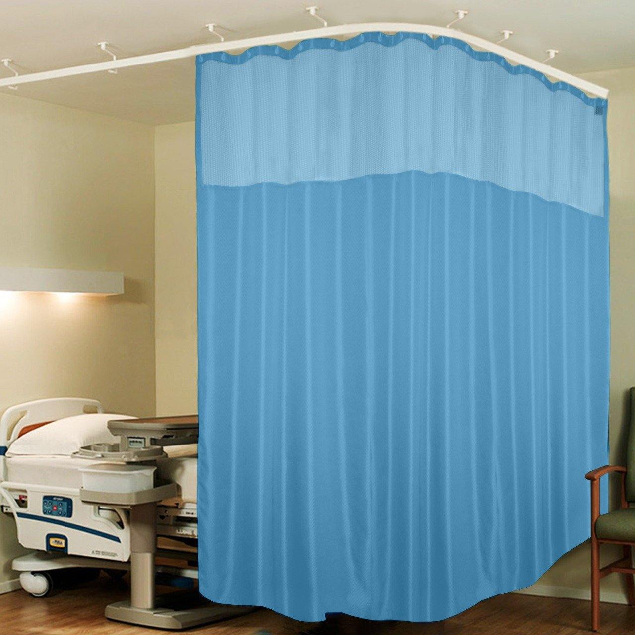 Lushomes Sky Blue Full Sized Hospital ICU Bed Zig Zag Curtain with 16 Eyelets and 16 C-Hooks and Net (8Ft x 7Ft, 2 Panels Attached) - Lushomes