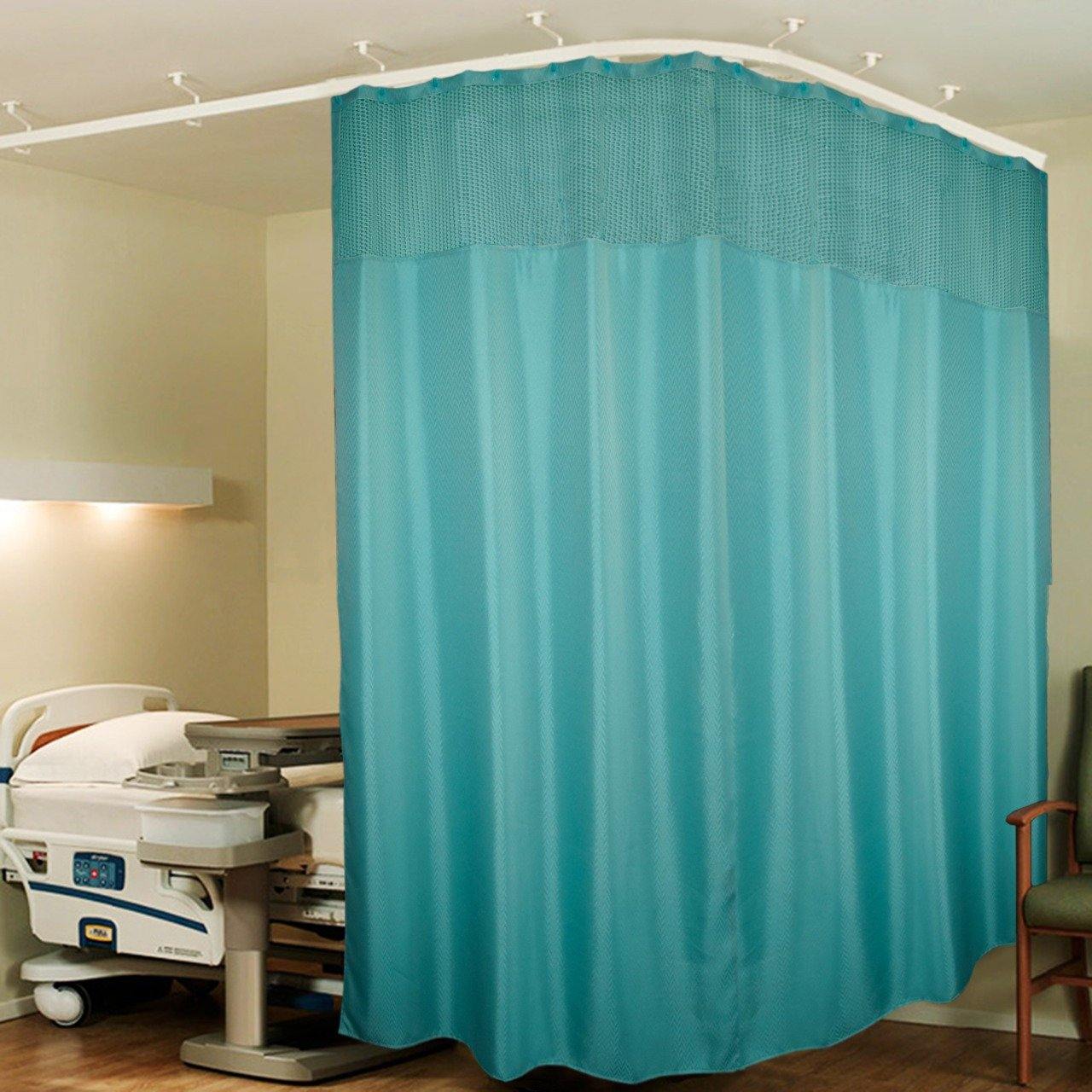 Lushomes Green Full Sized Hospital ICU Bed Zig Zag Curtain with 16 Eyelets and 16 C-Hooks and Net (8Ft x 7Ft, 2 Panels Attached) - Lushomes