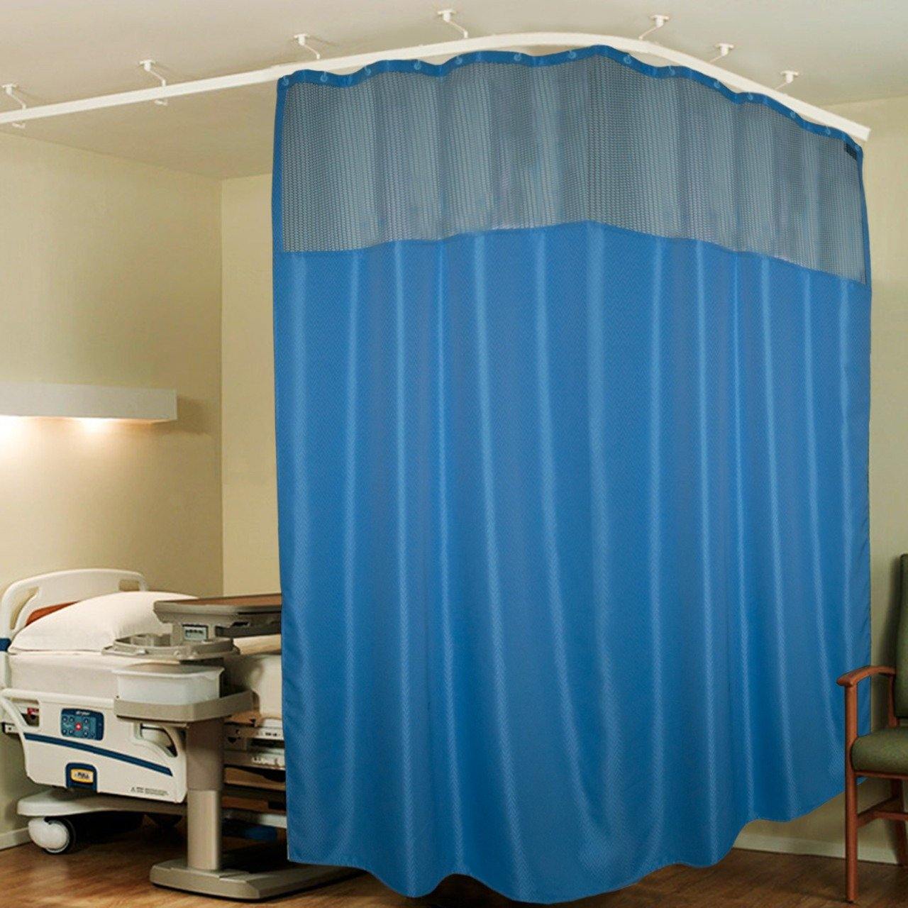 Lushomes Dark Blue Full Sized Hospital ICU Bed Zig Zag Curtain with 16 Eyelets and 16 C-Hooks and Net (8Ft x 7Ft, 2 Panels Attached) - Lushomes