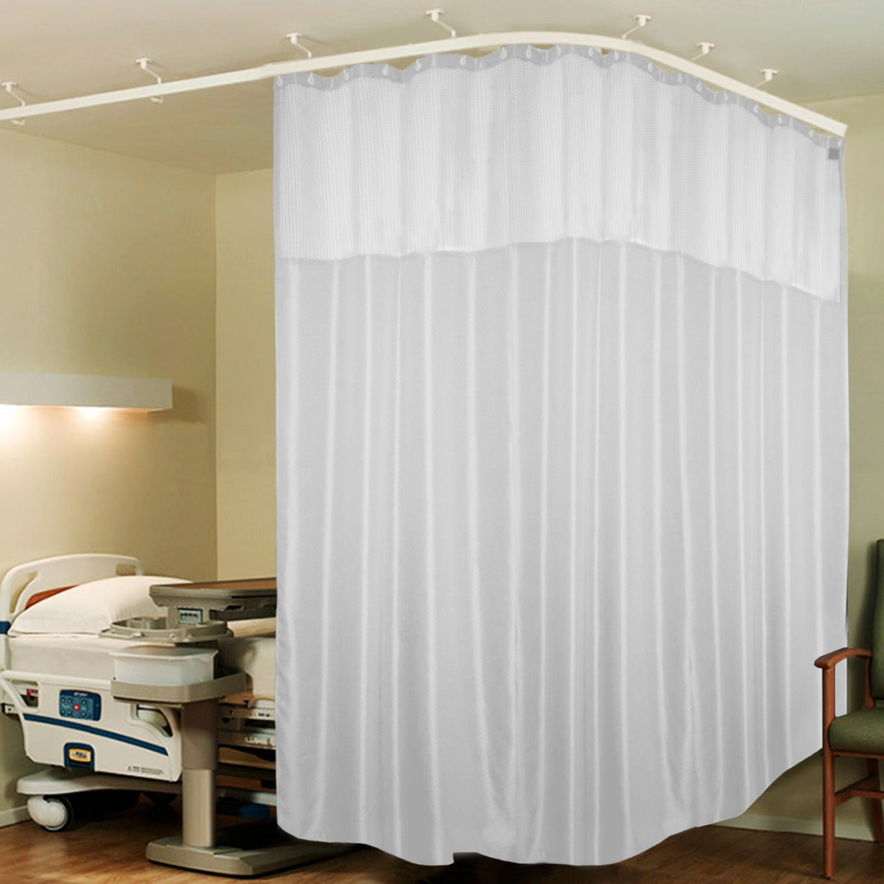 Hospital Partition Curtains, Clinic Curtains Size 16 FT W x 7 ft H, Channel Curtains with Net Fabric, 100% polyester 32 Rustfree Metal Eyelets 32 Plastic Hook, White, Zig Zag Design (16x7 FT, Pk of 1)