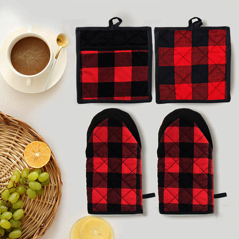 Lushomes 4 Pack Buffalo Check Quilted Heat Resistant Cotton Oven Mitt & Pot Holder Set, Red/Black, For Baking, Grilling, BBQ, Cooking, Handling Pots, 2 Pcs Glove 6x13 Inch, 2 Pcs Pot Holder 9x8 Inch