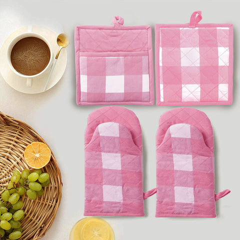 Lushomes 4 Pack Buffalo Check Quilted Heat Resistant Cotton Oven Mitt & Pot Holder Set, Pink/White, For Baking, Grilling, BBQ, Cooking, Handling Pots, 2 Pcs Glove 6x13 Inch, 2 Pcs Pot Holder 9x8 Inch
