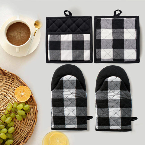Lushomes 4 Pack Buffalo Check Quilted Heat Resistant Cotton Oven Mitt & Pot Holder Set, Black/White, For Baking, Grilling, BBQ, Cooking, Handling Pots, 2 Pcs Glove 6x13 Inch, 2 Pcs Pot Holder 9x8 Inch