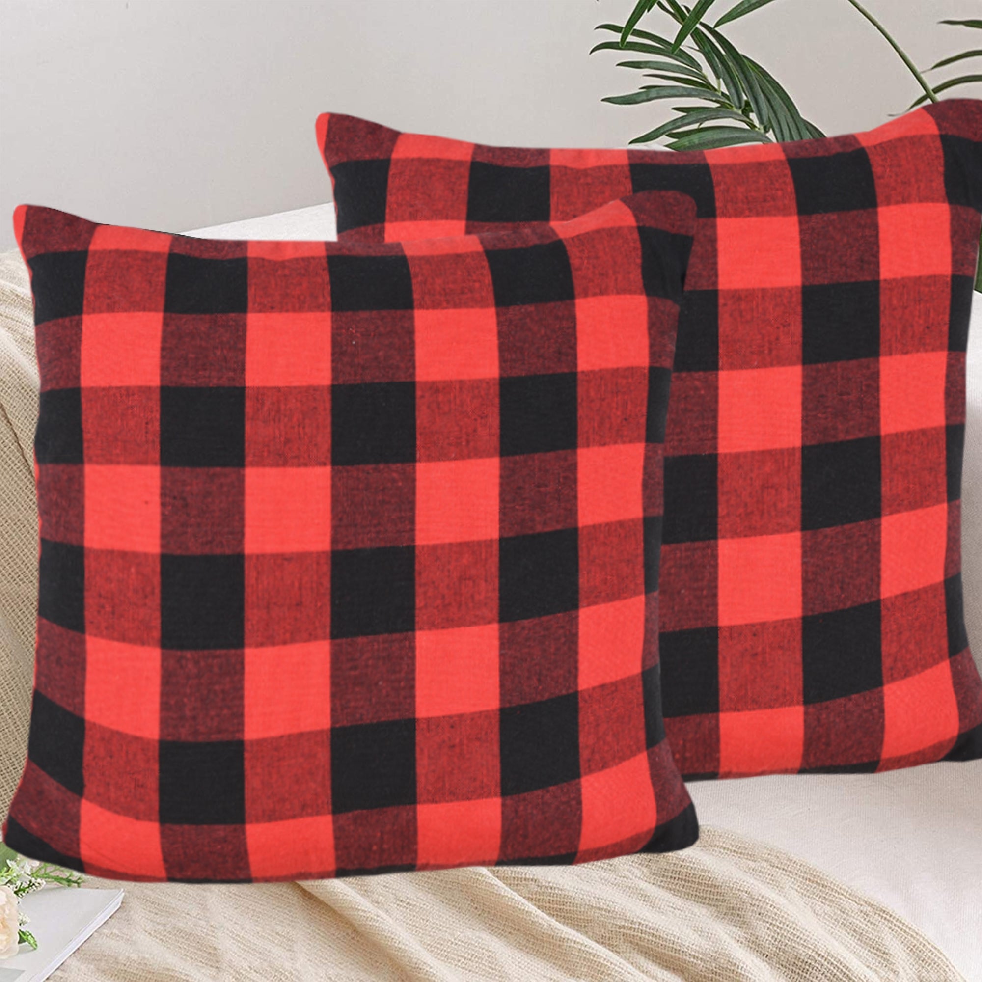 Lushomes Square Cushion Cover, Cotton Sofa Pillow Cover set of 4, 16x16 Inch, Big Checks, Red and Black Checks, Pillow Cushions Covers (Pack of 4, 40x40 Cms)