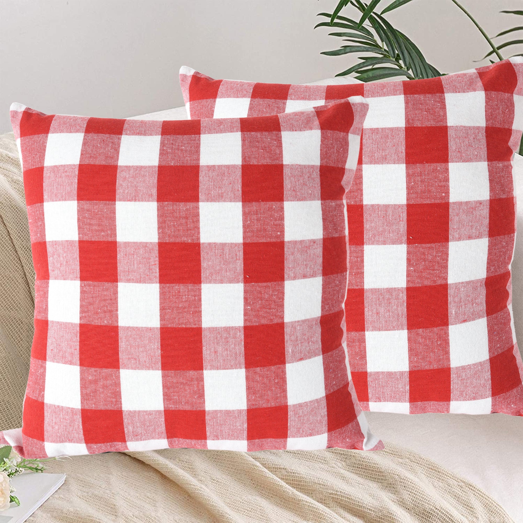 Lushomes Square Cushion Cover, Cotton Sofa Pillow Cover set of 4, 16x16 Inch, Big Checks, Red and White Checks, Pillow Cushions Covers (Pack of 4, 40x40 Cms)