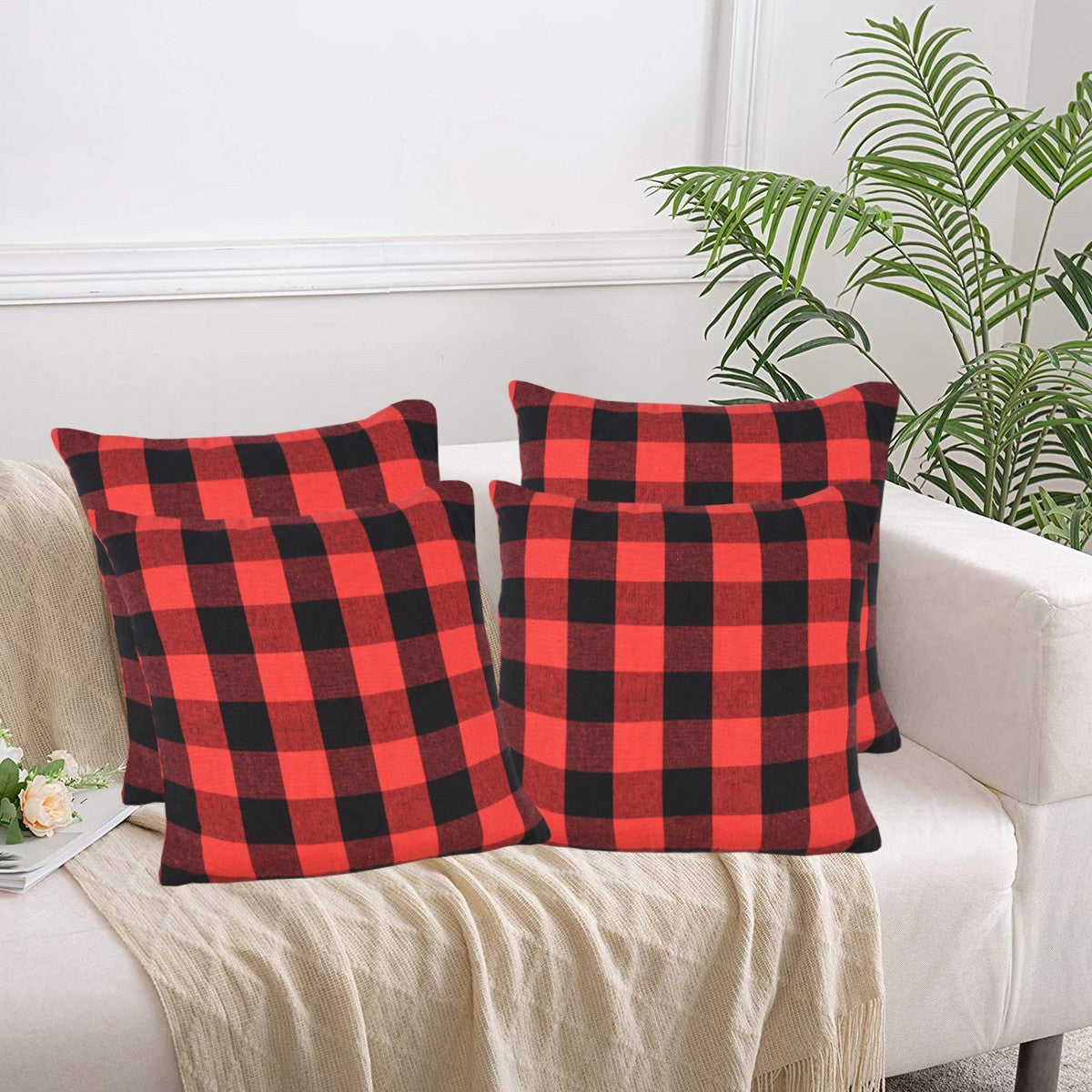 Lushomes Square Cushion Cover, Cotton Sofa Pillow Cover set of 4, 18x18 Inch, Big Checks, Red and Black Checks, Pillow Cushions Covers (Pack of 4, 45x45 Cms)