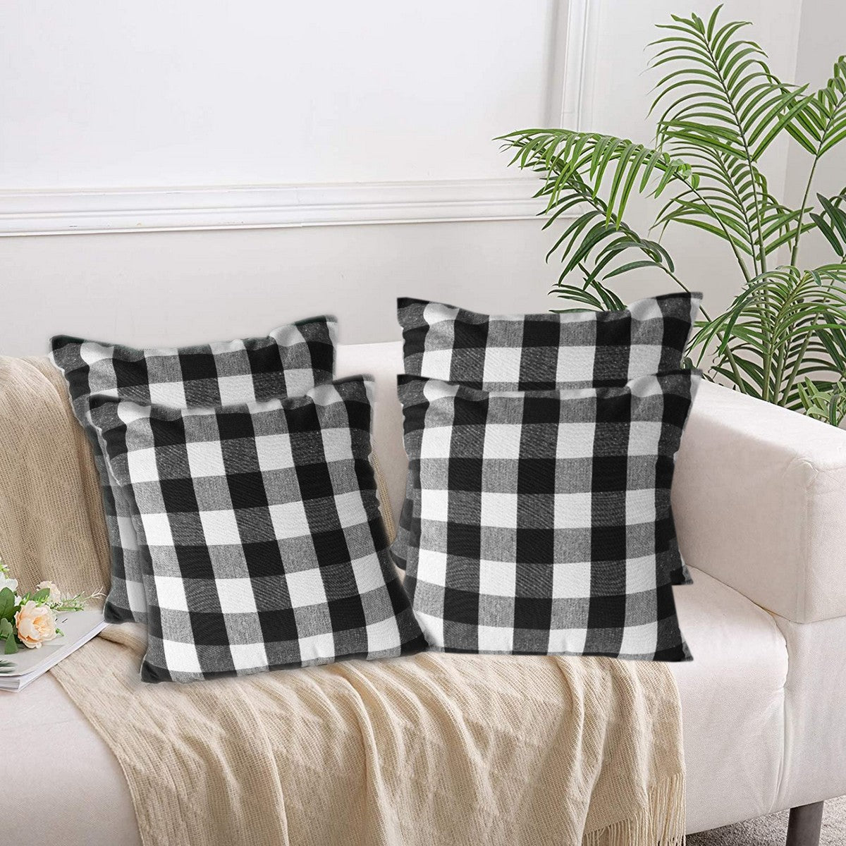 Lushomes Square Cushion Cover, Cotton Sofa Pillow Cover set of 4, 18x18 Inch, Big Checks, Black and White Checks, Pillow Cushions Covers (Pack of 4, 45x45 Cms)