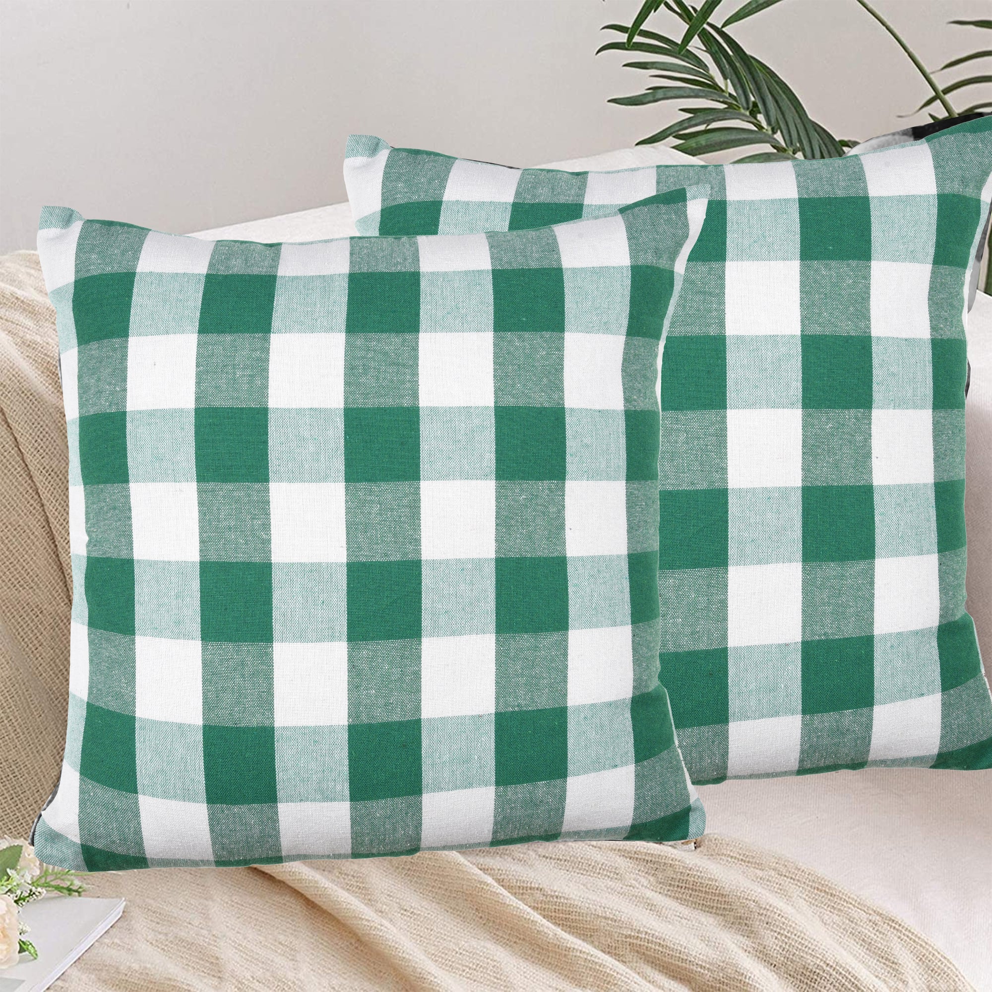 Lushomes Square Cushion Cover, Cotton Sofa Pillow Cover set of 4, 16x16 Inch, Big Checks, Green and White Checks, Pillow Cushions Covers (Pack of 4, 40x40 Cms)