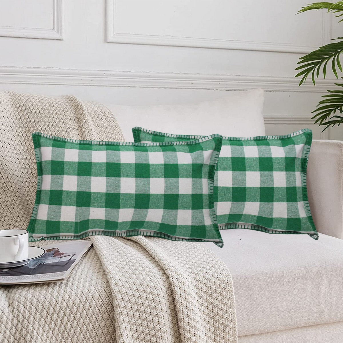 Lushomes Rectangle Cushion Cover with Blanket Stitch, Cotton Sofa Pillow Cover Set of 2, 12x20 Inch, Big Checks, Green and White Checks, Pillow Cushions Covers (Pack of 2, 30x50 Cms)