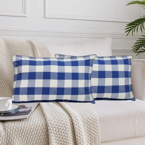 Lushomes Rectangle Cushion Cover with Blanket Stitch, Cotton Sofa Pillow Cover Set of 2, 12x20 Inch, Big Checks, Blue and White Checks, Pillow Cushions Covers (Pack of 2, 30x50 Cms)