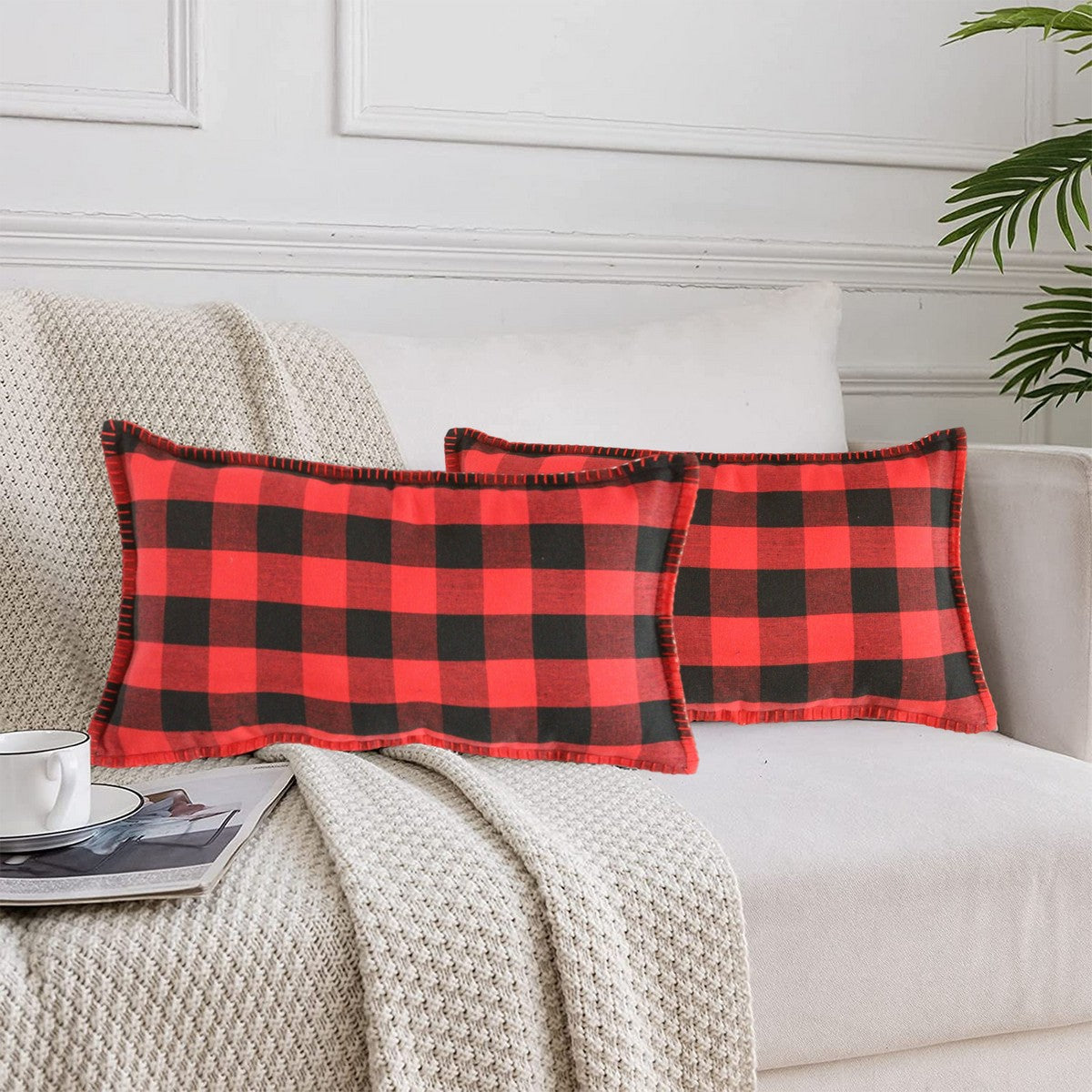 Lushomes Rectangle Cushion Cover with Blanket Stitch, Cotton Sofa Pillow Cover Set of 2, 12x20 Inch, Big Checks, Red and Black Checks, Pillow Cushions Covers (Pack of 2, 30x50 Cms)