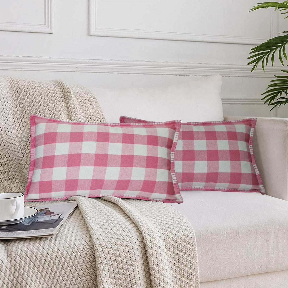 Lushomes Rectangle Cushion Cover with Blanket Stitch, Cotton Sofa Pillow Cover Set of 2, 12x20 Inch, Big Checks, Pink and White Checks, Pillow Cushions Covers (Pack of 2, 30x50 Cms)