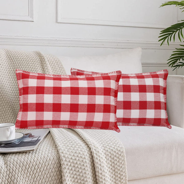 Lushomes Rectangle Cushion Cover with Blanket Stitch, Cotton Sofa Pillow Cover Set of 2, 12x20 Inch, Big Checks, Red and White Checks, Pillow Cushions Covers (Pack of 2, 30x50 Cms)