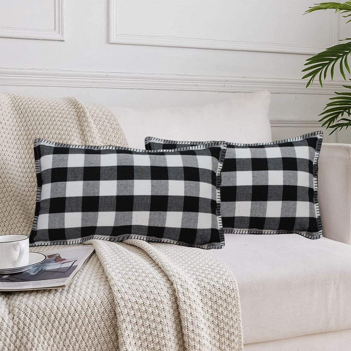 Lushomes Rectangle Cushion Cover with Blanket Stitch, Cotton Sofa Pillow Cover Set of 2, 12x20 Inch, Big Checks, Black and White Checks, Pillow Cushions Covers (Pack of 2, 30x50 Cms)