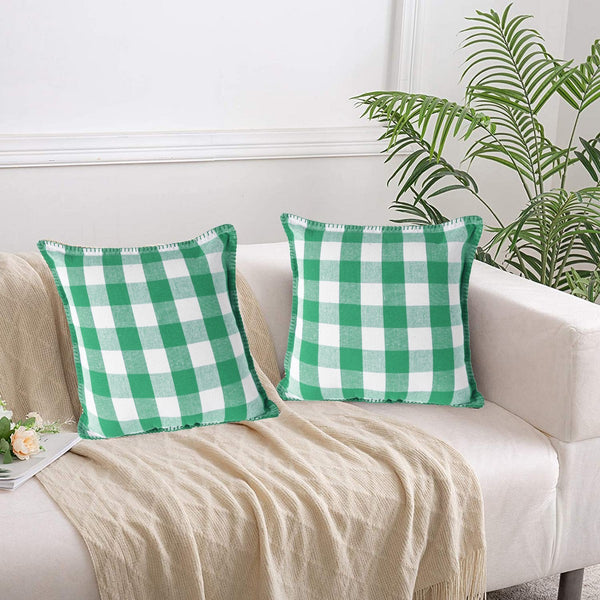 Lushomes Square Cushion Cover with Blanket Stitch, Cotton Sofa Pillow Cover set of 2, 16x16 Inch, Big Checks, Green and White Checks, Pillow Cushions Covers (Pack of 2, 40x40 Cms)