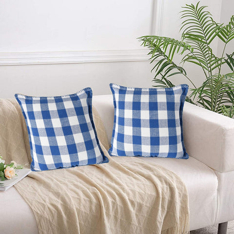 Lushomes Square Cushion Cover with Blanket Stitch, Cotton Sofa Pillow Cover Set of 2, 16x16 Inch, Big Checks, Blue and White Checks, Pillow Cushions Covers (Pack of 2, 40x40 Cms)