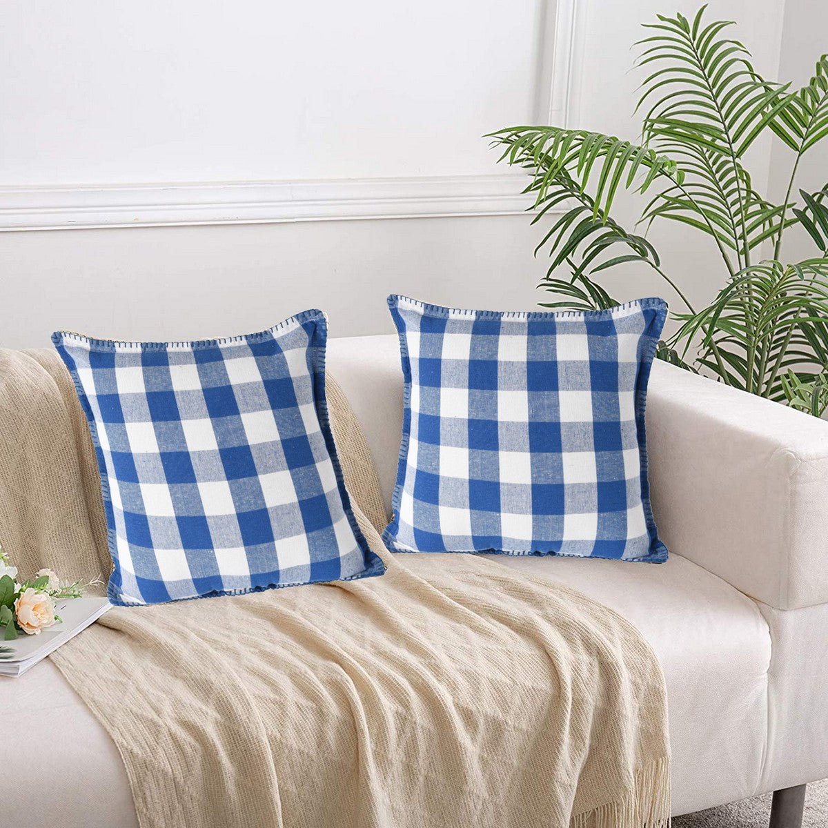 Lushomes Square Cushion Cover with Blanket Stitch, Cotton Sofa Pillow Cover Set of 2, 20x20 Inch, Big Checks, Blue and White Checks, Pillow Cushions Covers (Pack of 2, 50x50 Cms)