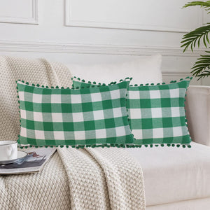 Lushomes Rectangle Cushion Cover with Pom Pom, Cotton Sofa Pillow Cover Set of 2, 12x20 Inch, Big Checks, Green and White Checks, Pillow Cushions Covers (Pack of 2, 30x50 Cms)