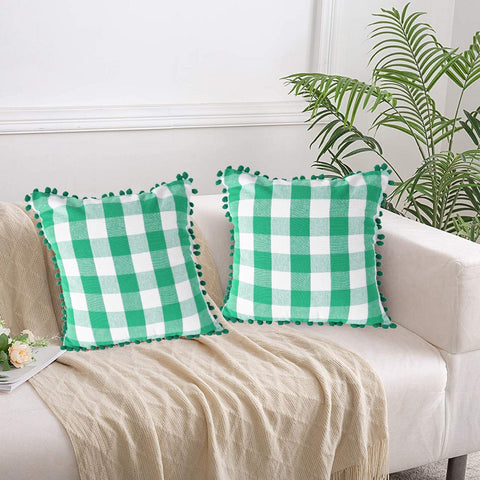 Lushomes Square Cushion Cover with Pom Pom, Cotton Sofa Pillow Cover Set of 2, 16x16 Inch, Big Checks, Green and White Checks, Pillow Cushions Covers (Pack of 2, 40x40 Cms)