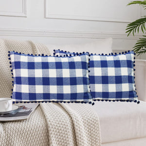 Lushomes Rectangle Cushion Cover with Pom Pom, Cotton Sofa Pillow Cover Set of 2, 12x20 Inch, Big Checks, Blue and White Checks, Pillow Cushions Covers (Pack of 2, 30x50 Cms)