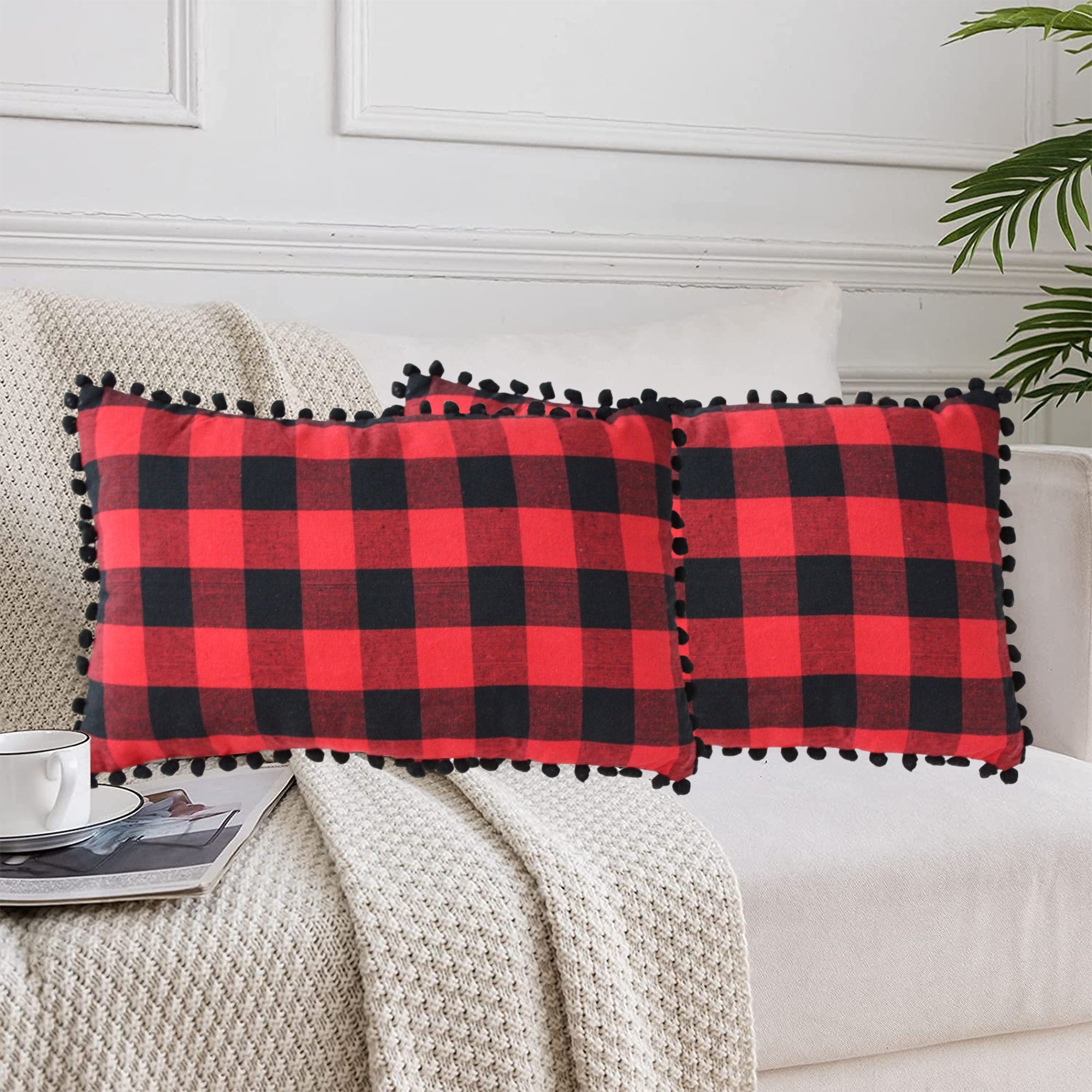 Lushomes Rectangle Cushion Cover with Pom Pom, Cotton Sofa Pillow Cover Set of 2, 12x20 Inch, Big Checks, Red and Black Checks, Pillow Cushions Covers (Pack of 2, 30x50 Cms)