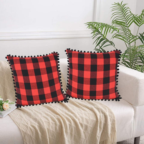 Lushomes Square Cushion Cover with Pom Pom, Cotton Sofa Pillow Cover Set of 2, 16x16 Inch, Big Checks, Red and Black Checks, Pillow Cushions Covers (Pack of 2, 40x40 Cms)