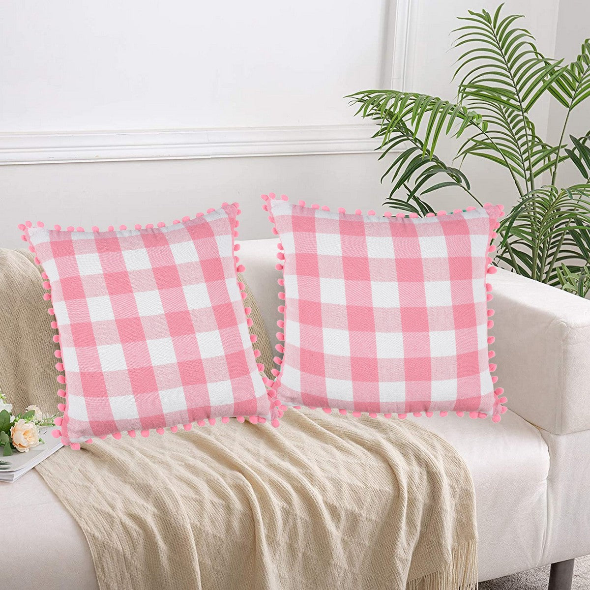 Lushomes Square Cushion Cover with Pom Pom, Cotton Sofa Pillow Cover Set of 2, 16x16 Inch, Big Checks, Pink and White Checks, Pillow Cushions Covers (Pack of 2, 40x40 Cms)
