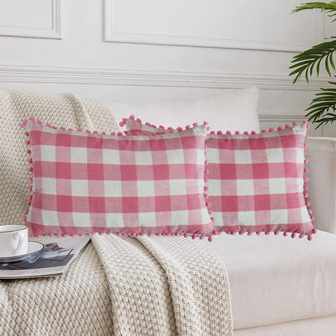 Lushomes Rectangle Cushion Cover with Pom Pom, Cotton Sofa Pillow Cover Set of 2, 12x20 Inch, Big Checks, Pink and White Checks, Pillow Cushions Covers (Pack of 2, 30x50 Cms)