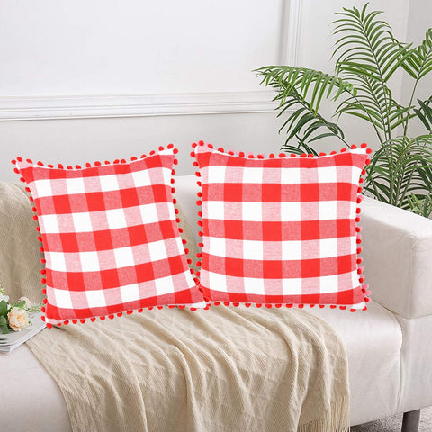 Lushomes Square Cushion Cover with Pom Pom, Cotton Sofa Pillow Cover Set of 2, 16x16 Inch, Big Checks, Red and White Checks, Pillow Cushions Covers (Pack of 2, 40x40 Cms)