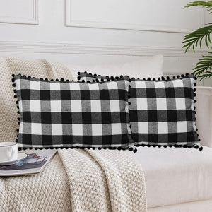 Lushomes Rectangle Cushion Cover with Pom Pom, Cotton Sofa Pillow Cover Set of 2, 12x20 Inch, Big Checks, Black and White Checks, Pillow Cushions Covers (Pack of 2, 30x50 Cms)