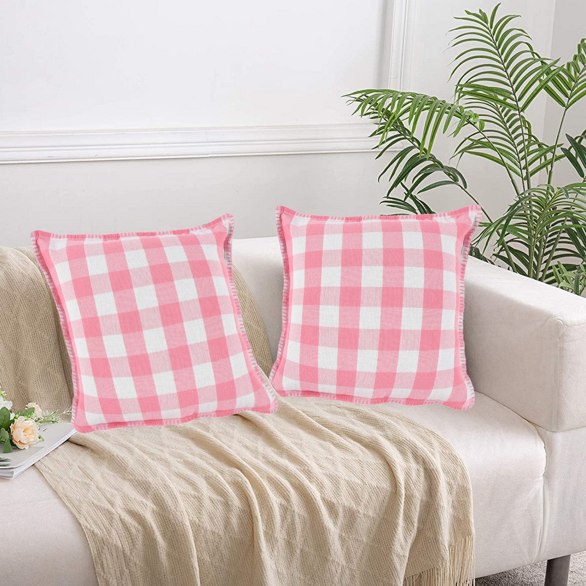 Lushomes Square Cushion Cover with Blanket Stitch, Cotton Sofa Pillow Cover Set of 2, 16x16 Inch, Big Checks, Pink and White Checks, Pillow Cushions Covers (Pack of 2, 40x40 Cms)