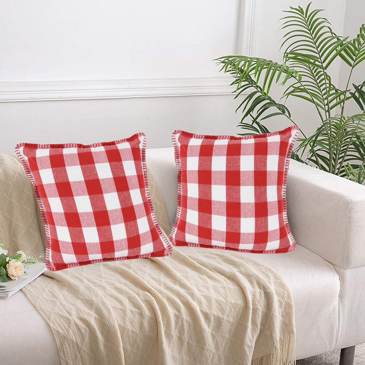 Lushomes Square Cushion Cover with Blanket Stitch, Cotton Sofa Pillow Cover Set of 2, 16x16 Inch, Big Checks, Red and White Checks, Pillow Cushions Covers (Pack of 2, 40x40 Cms)