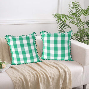 Lushomes Square Cushion Cover with Pom Pom, Cotton Sofa Pillow Cover Set of 2, 18x18 Inch, Big Checks, Green and White Checks, Pillow Cushions Covers (Pack of 2, 45x45 Cms)