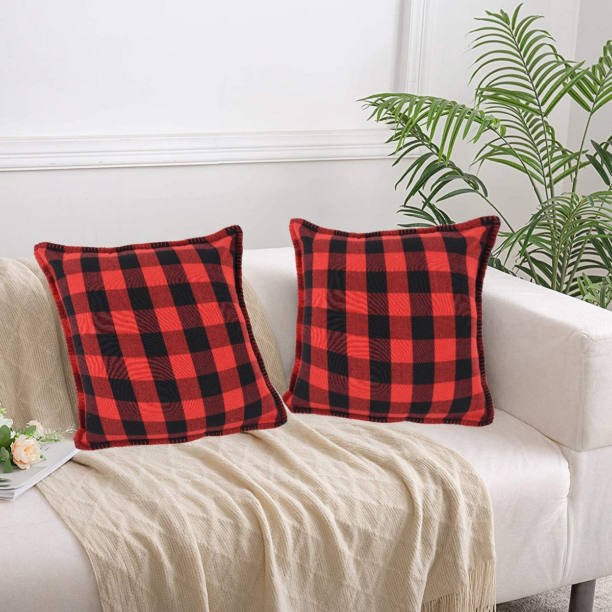 Lushomes Square Cushion Cover with Blanket Stitch, Cotton Sofa Pillow Cover Set of 2, 18x18 Inch, Big Checks, Red and Black Checks, Pillow Cushions Covers (Pack of 2, 45x45 Cms)