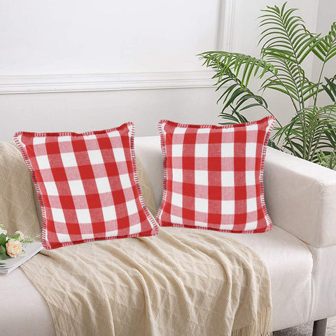 Lushomes Square Cushion Cover with Blanket Stitch, Cotton Sofa Pillow Cover Set of 2, 18x18 Inch, Big Checks, Red and White Checks, Pillow Cushions Covers (Pack of 2, 45x45 Cms)